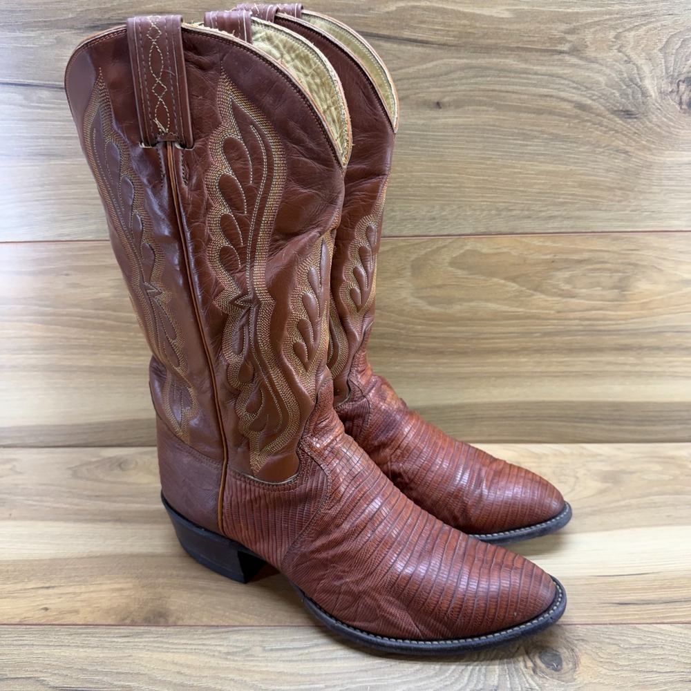Tony Lama Vintage Teju Lizard Cowboy Boots Mens 9.5 D Brown Black Label 8540